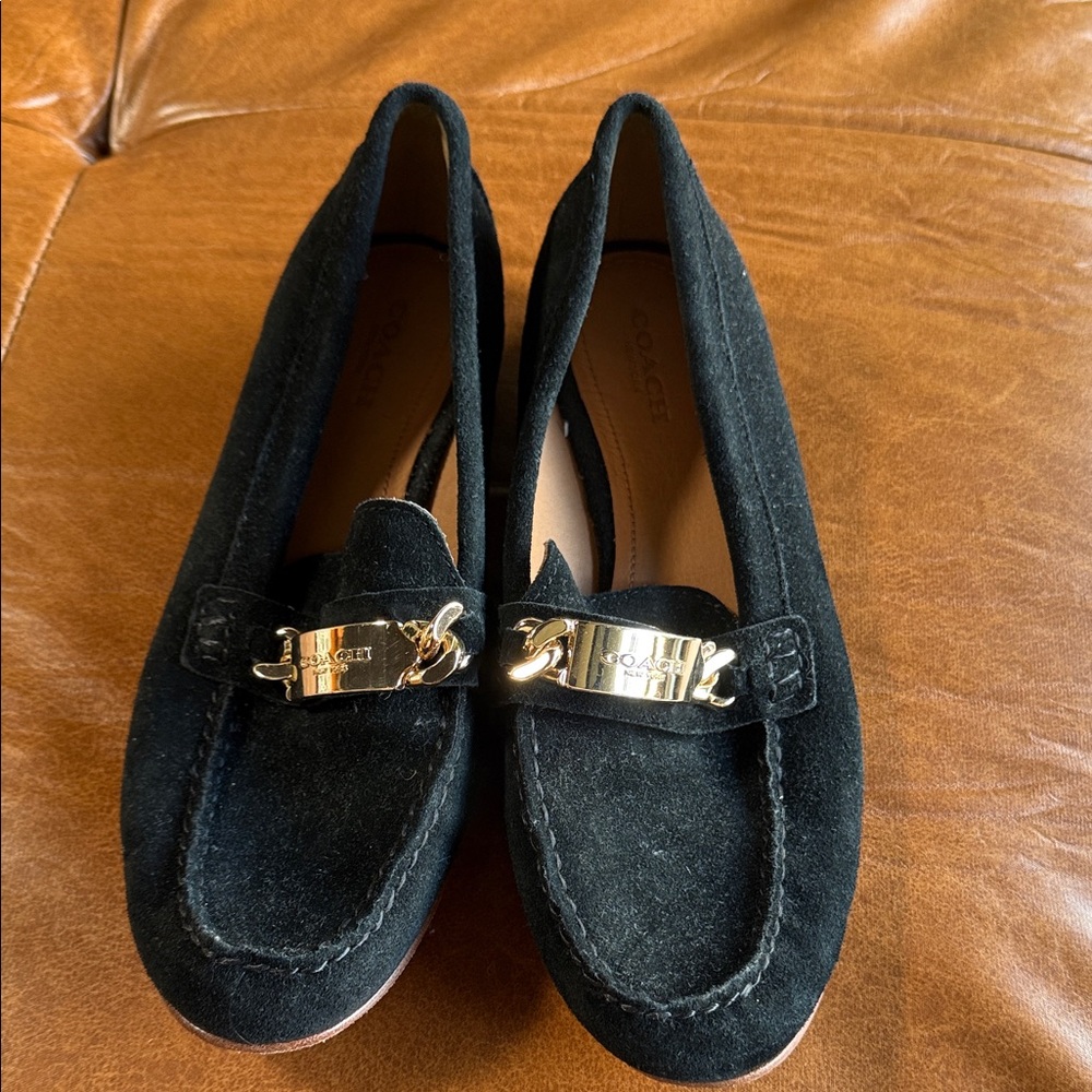 Coach Black Suede Loafers with Gold Hardware